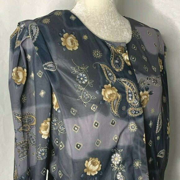 Vtg Midi Dress 14 Gray Floral Paisley 3/4 Sleeve - Picture 4 of 6